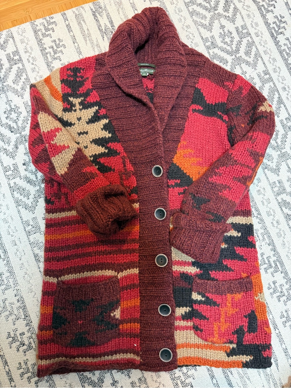 Eddie Bauer Maroon Multicolor Aztec Shawl-Collar Cardigan